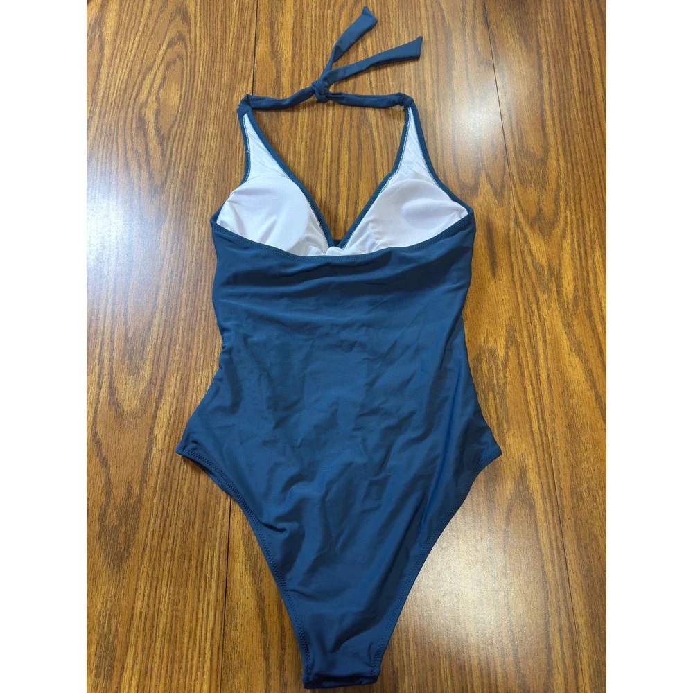 Unbranded One Piece Swimsuit Womens Medium Teal Blue Ruched Halter Wrap Front